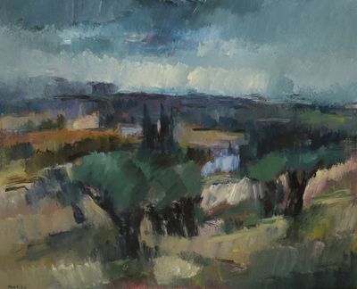 painting of a painting of a landscape with horses in the foreground and buildings in the distance