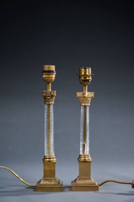pair of antique brass and crystal candlesticks