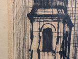 a drawing of a tower with a clock on it