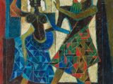 a painting of two women dancing in front of a mirror