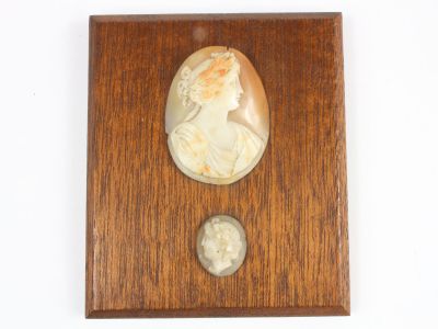 une plaque en bois sur laquelle figurent le portrait d'une femme et une pièce de monnaie