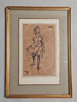 un vieux dessin représentant un homme à cheval, dans un cadre doré