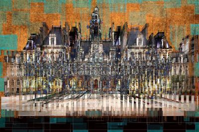une peinture représentant un grand bâtiment sur lequel figure une horloge