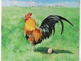 a painting of a rooster in a field with a ball