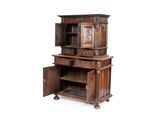 a wooden cabinet with a door open on a white background