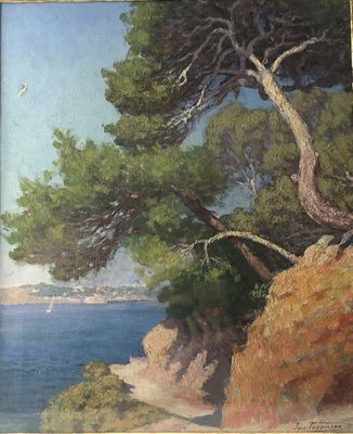 an image of a painting of a tree on a cliff by the water
