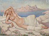 an image of a painting of a nude woman laying on a rock