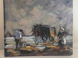 tableau représentant deux hommes labourant un champ, avec des chevaux en arrière-plan