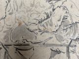 a drawing of a man sitting at a table with a pot on it