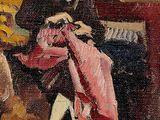 painting of a man and a woman sitting on a couch in a living room