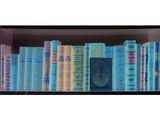 many books on a shelf with a picture of a man
