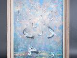 un tableau représentant une volée d'oiseaux survolant un plan d'eau