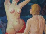 an oil painting of a woman and a man sitting on the ground