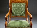 chair with green upholstered upholstered seat and wood frame