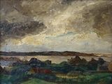 l'image d'une peinture représentant un champ avec des vaches au loin