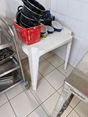 several pots and pans are stacked on a table in a kitchen