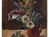 an oil painting of a vase of flowers on a table