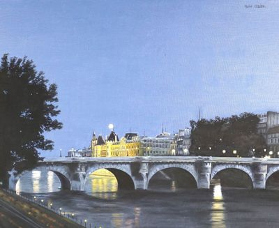 une peinture représentant un pont enjambant une rivière, avec un bâtiment en arrière-plan