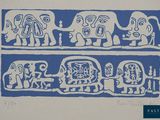 un dessin d'éléphants en bleu et blanc sur un mur
