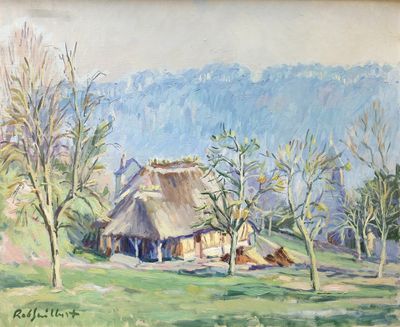 painting of a thatched house in a field with trees in the foreground