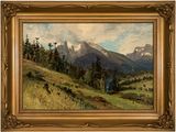 une image d'une peinture représentant une scène de montagne avec une rivière au premier plan