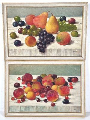 two paintings of fruit on a table with a white background