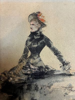 tableau représentant une femme assise sur un rocher, coiffée d'un chapeau