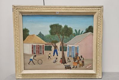 peinture représentant une peinture d'une scène de village avec un homme et une femme