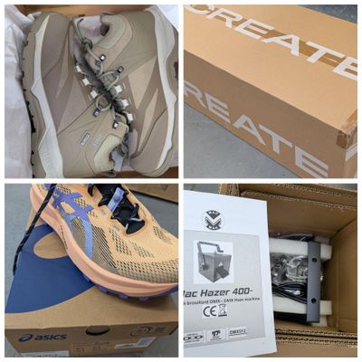 plusieurs photos d'une boîte contenant une paire de chaussures et d'une boîte avec un lacet
