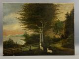 une peinture à l'huile représentant un paysage avec des moutons et des arbres