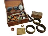 a wooden box filled with assorted items including a watch, bracelets, and other items