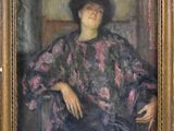 painting of a woman sitting in a chair wearing a black hat