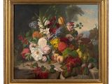 a painting of flowers and fruit on a ledge in a gold frame