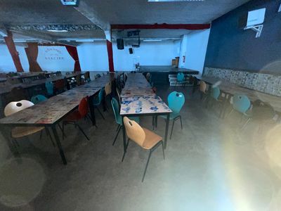 many tables and chairs in a room with a lot of windows