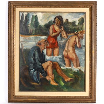 TABLEAU "LES TROIS BAIGNEUSES" d'André FAVORY (1888-1937) Hu…