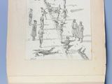 a drawing of a group of people on a beach