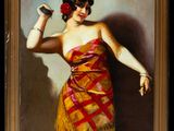 an image of a painting of a woman in a red dress