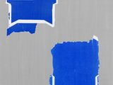 two pieces of blue tape are taped to a gray wall