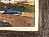 a picture of a painting of a boat on the beach