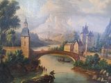 painting of a river scene with a bridge and a castle in the background