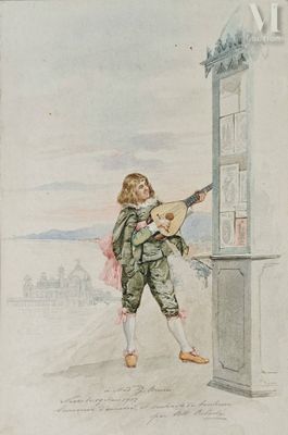 drawing of a young boy playing a guitar in front of a window