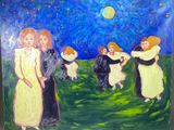 tableau représentant un groupe de femmes dansant dans un champ, avec la pleine lune en arrière-plan