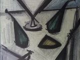 dessin représentant une table sur laquelle se trouvent un vase et d'autres objets
