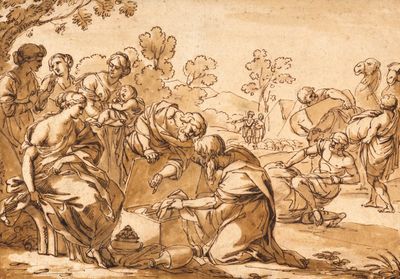 an image of a drawing of a group of people in a wooded area