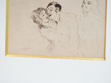 drawing of a man holding a child in front of a drawing of a woman and a man