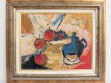 an image of a painting of a vase of fruit and a pitcher of flowers on a table