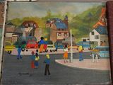 a painting of a group of people walking down the street