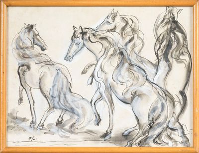 drawing of a group of horses in a wood frame