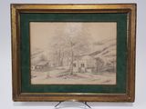 framed drawing of a farm scene with a house in the background