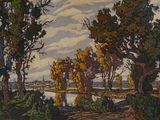 an image of a painting of a river with trees in the foreground
